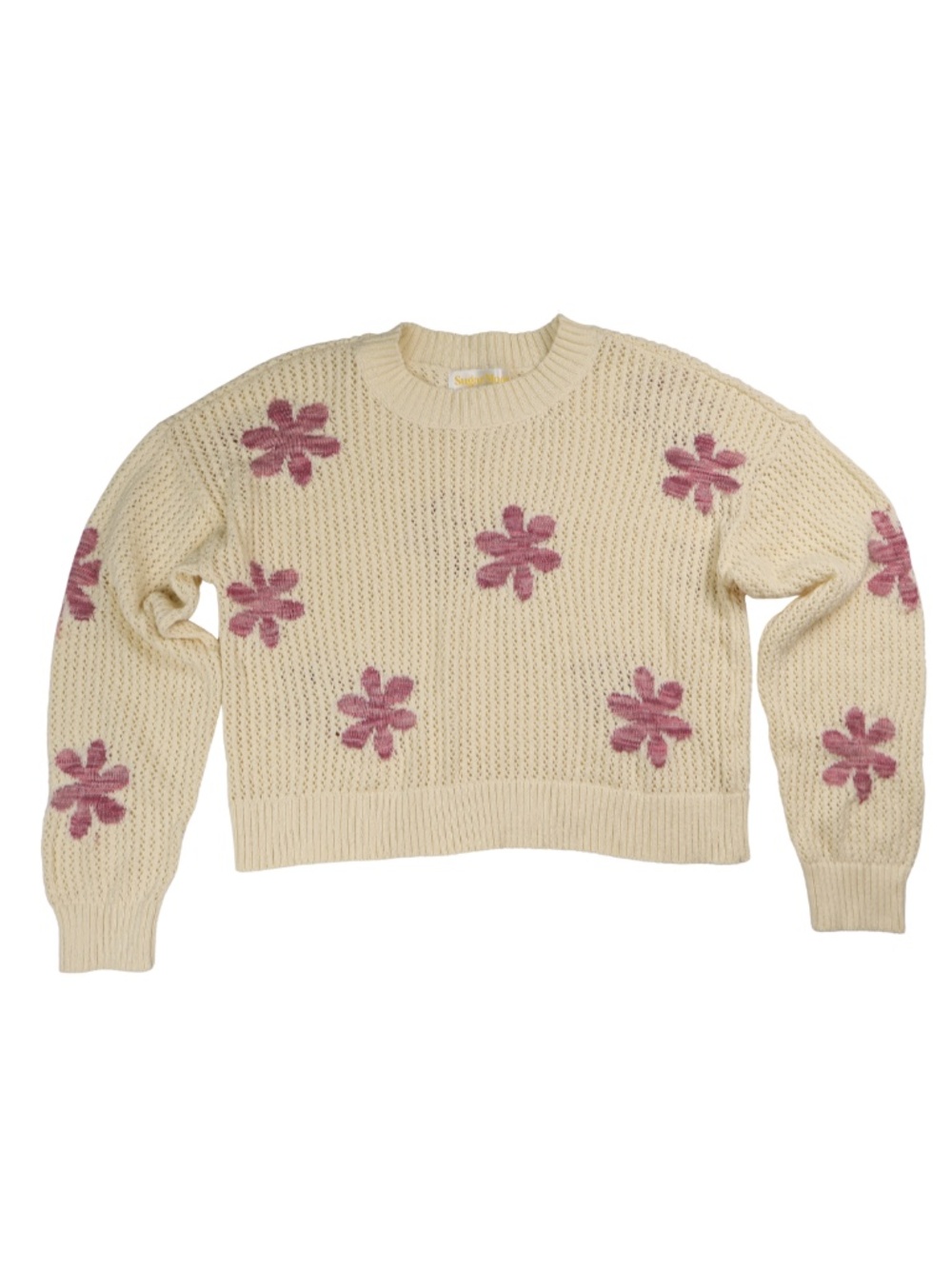 Sugar Moon Floral Open Knit Cropped Sweater Cream Pink Flowers L